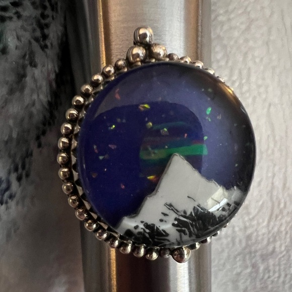 ❤️ Aurora Opal Celestial Mountain Night Sky Southwestern 925 Ring Sz 10 - 10 Gms - Picture 8 of 15